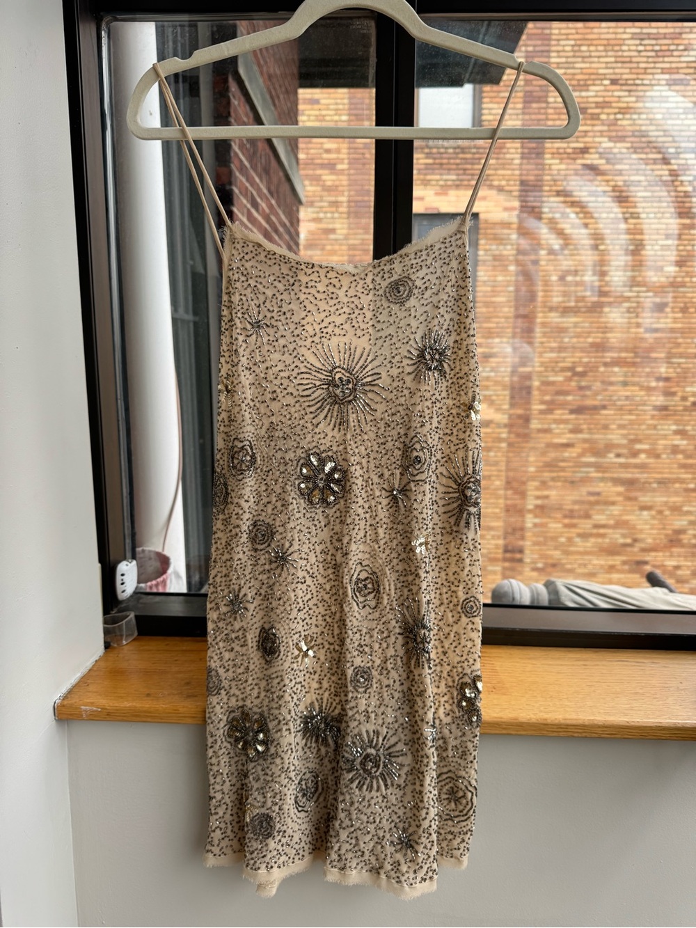 Zara Beige Beaded Mini Slip Dress